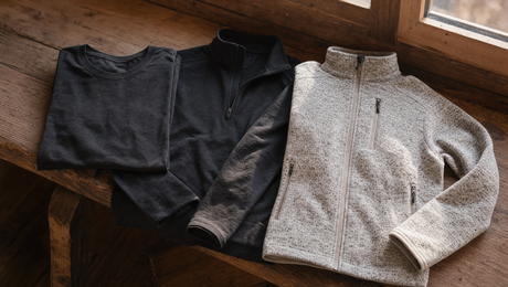 Baselayer, Midlayer und Fleecejacke nebeneinander auf einer Holzbank als drei Schichten des Zwiebelprinzips