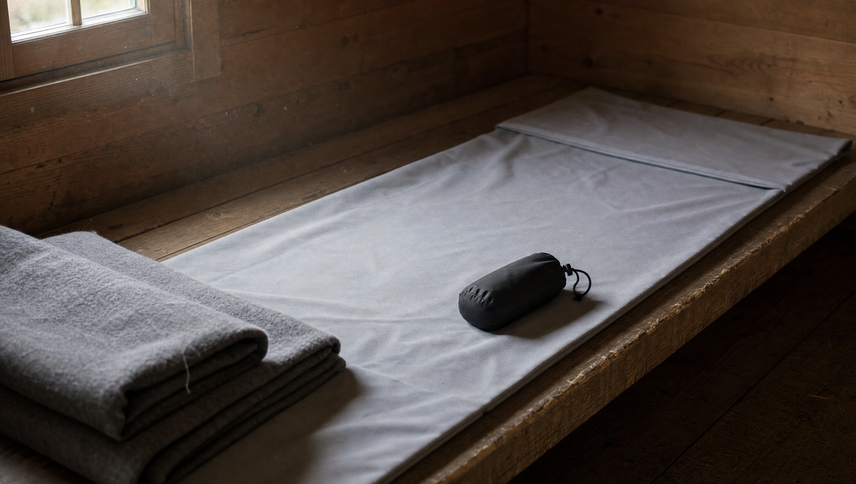 Hüttenschlafsack aus Mikrofaser auf einer Holzpritsche in einer Berghütte, daneben der Packsack und gefaltete Wolldecken
