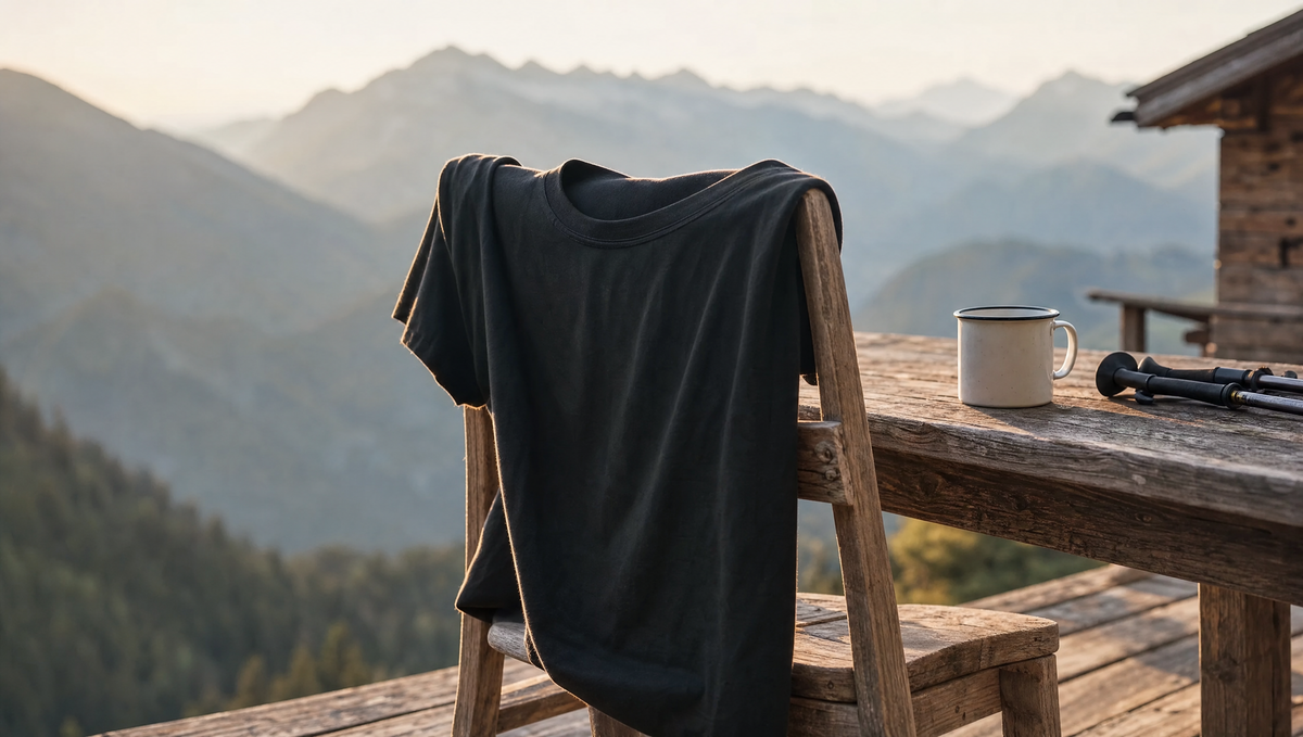 Merino-Shirt hängt über einem Holzstuhl auf einer Hüttenterrasse mit Bergpanorama im Hintergrund