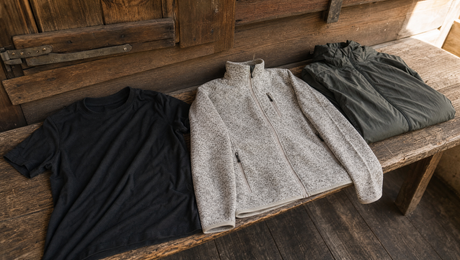 Baselayer, Midlayer und Fleecejacke nebeneinander auf einer Holzbank als drei Schichten des Zwiebelprinzips