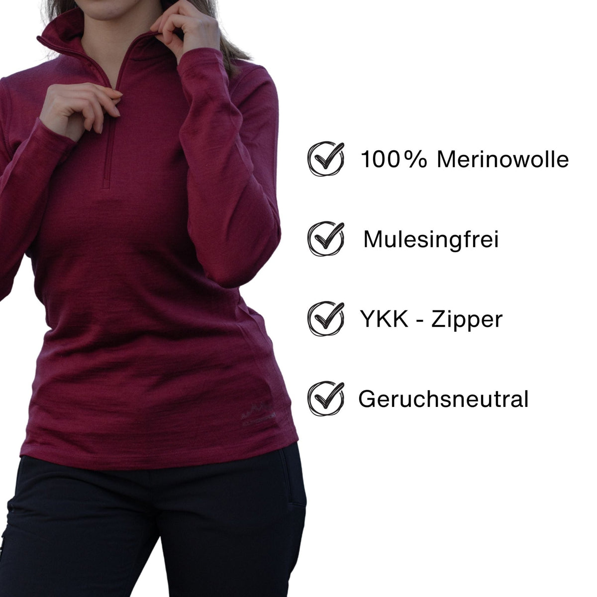 Langarmshirt Damen 100% Merino mit Zip - ALPENWERT