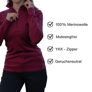 Langarmshirt Damen 100% Merino mit Zip - ALPENWERT