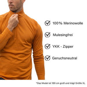 Langarmshirt Herren 100% Merino mit Zip - ALPENWERT