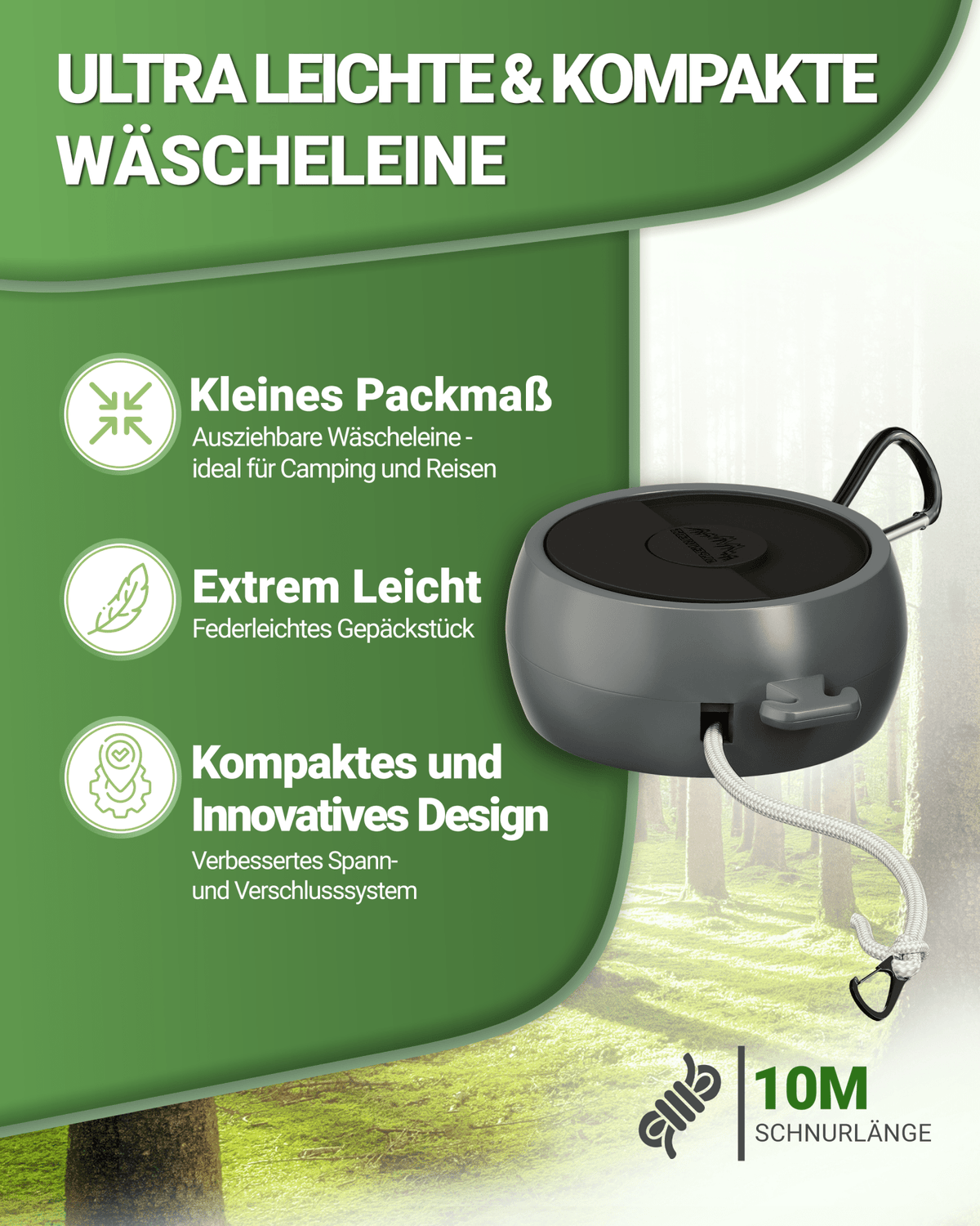 Wäscheleine ausziehbar 10 m – Leicht & kompakt für Camping - ALPENWERT