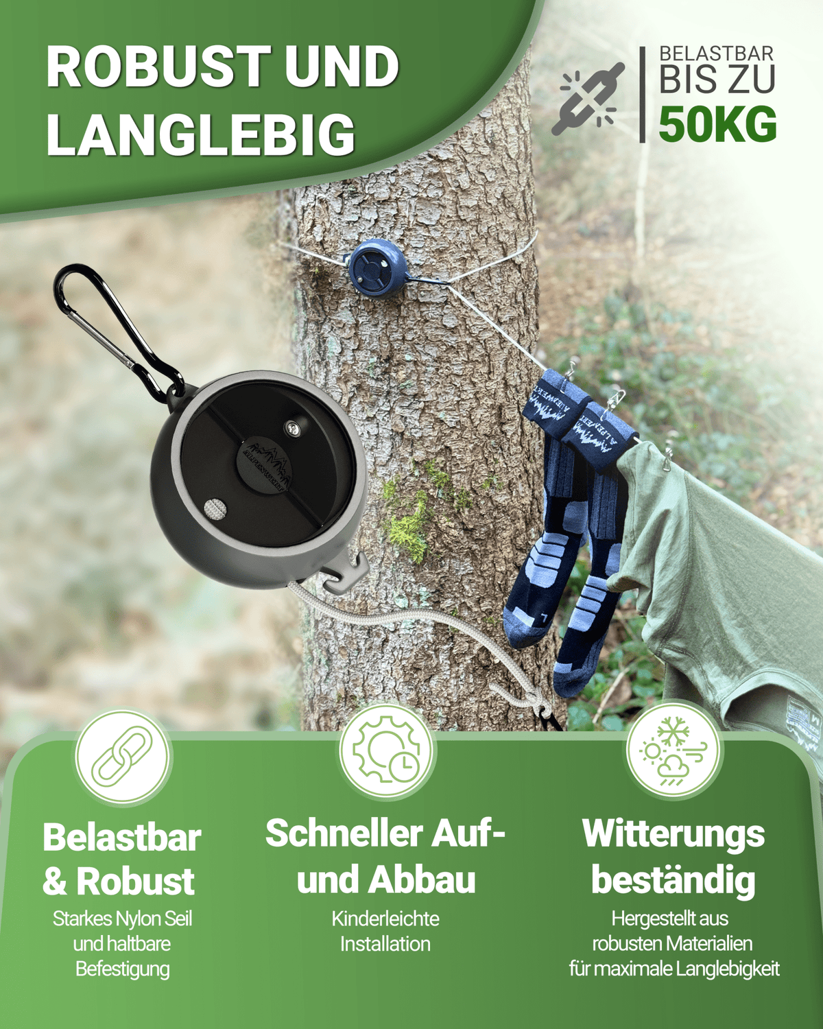 Wäscheleine ausziehbar 10 m – Leicht & kompakt für Camping - ALPENWERT